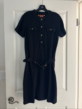 Tory Burch Emilyn Cotton/Linen Black Short-Sleeve Knit Belted Dress Sz M